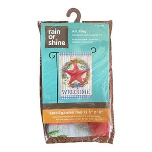 Rain or Shine "Welcome" Red Star Wreath Garden Flag 12.5” X 18” *New